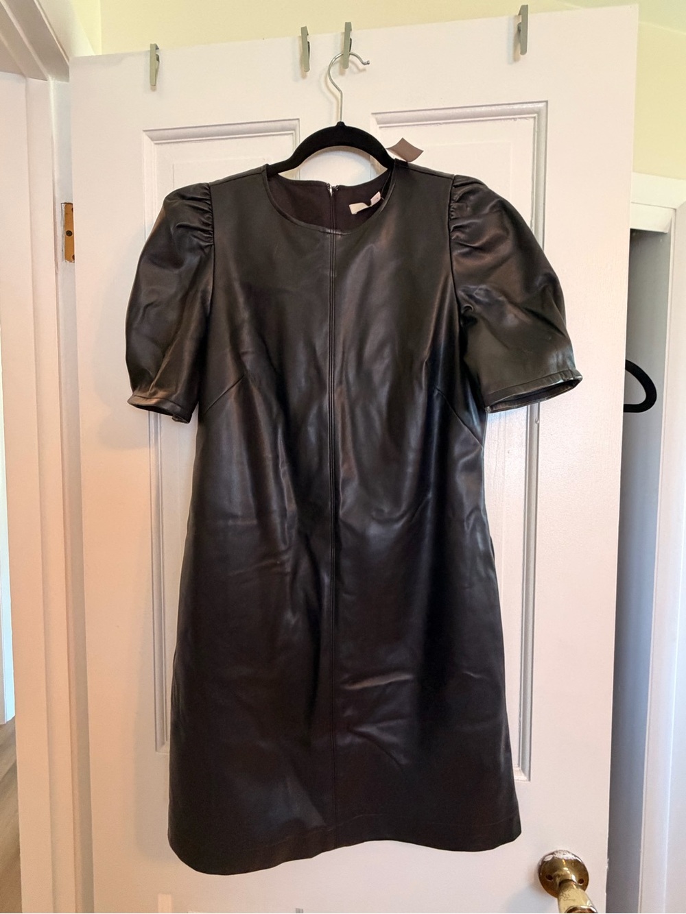 LOFT Black Faux Leather Dress with Puff Sleeves